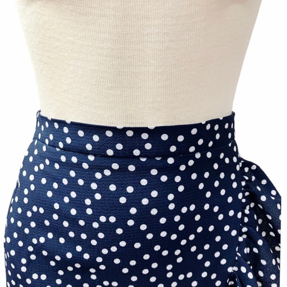 BLUE RAIN Faux Wrap Skirt Women’s SIZE XS Navy/White Polka Dot Ruffle Stretch - Picture 4 of 10